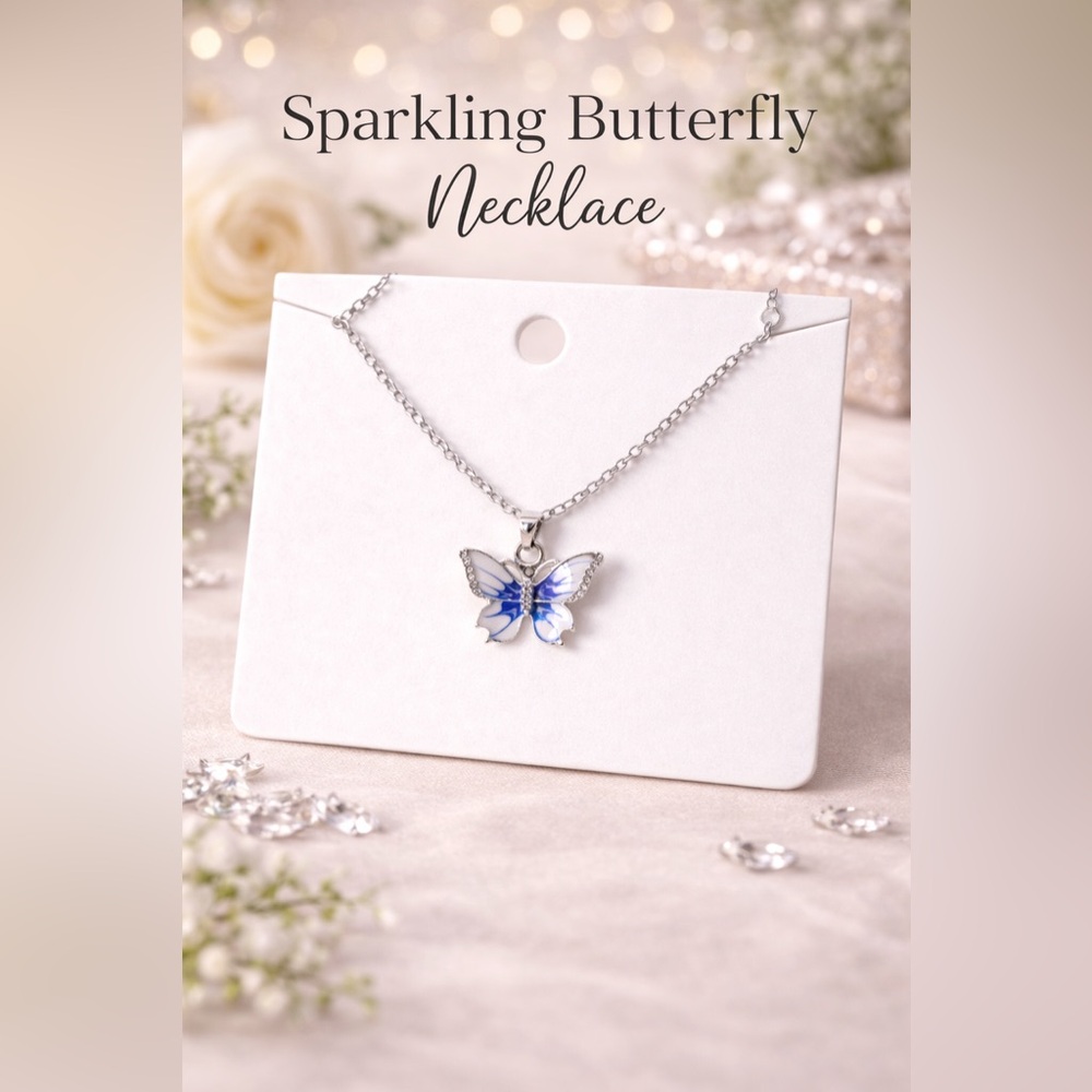 Sparkling Butterfly Necklace - Silver with Blue Enamel